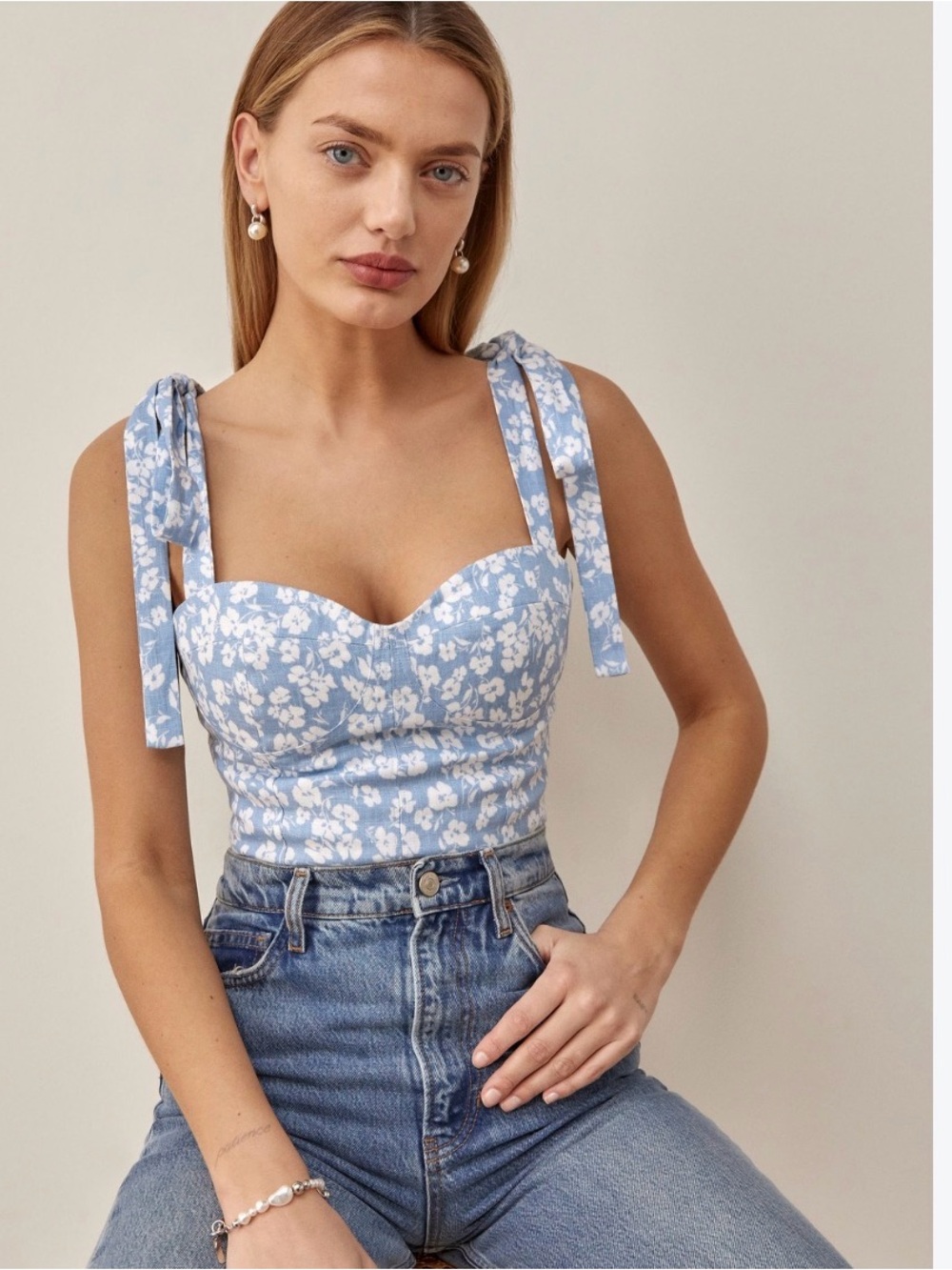 NWT Reformation Jaxon Blue Floral Tie-Shoulder Bustier Top